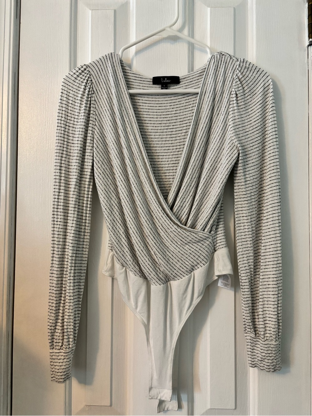 Lulu's Black & White Striped Wrap-Front Long Sleeve Bodysuit